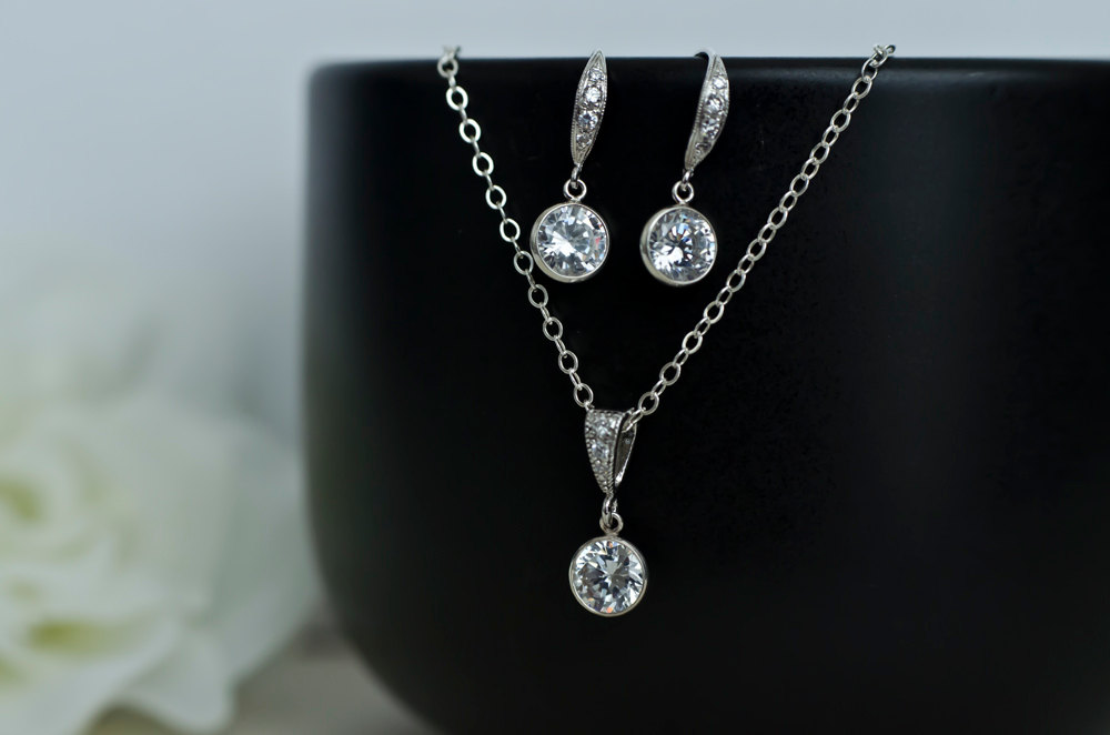 Bridal Earrings Bridal Necklace Clear White Cubic Zirconia, Round Sterling Silver Cz Bezel Bridal Jewelry Set