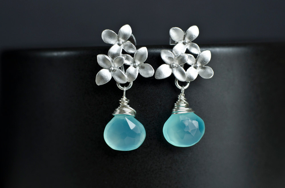 Aqua Blue Chalcedony Earrings, Silver Cherry Blossom Earrings .925 Sterling Silver Earring Post