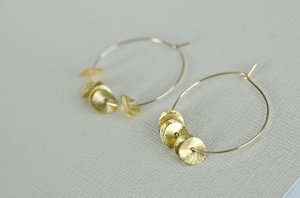 Gold Filled Hoops Earrings With 24k Vermeil Brushed Wavy Discs on Luulla