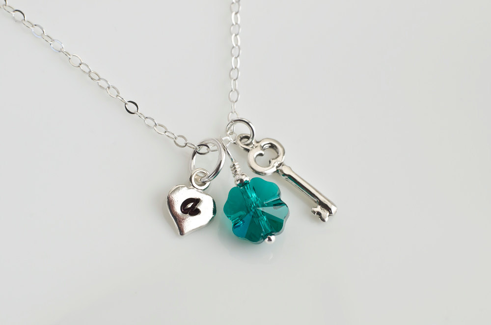 Sterling Silver Initial Necklace, Four Leaf Clover Necklace, Heart And Key Initial Necklace, Emerald Green Swarovski Clover Necklace