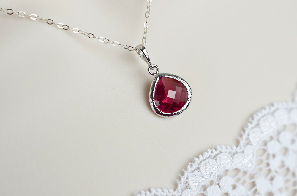 Ruby Necklace, Bridesmaids Necklace, Ruby Glass Necklace, Sterling Silver Chain with Ruby Glass Drop