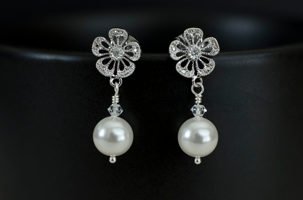 Bridal Earrings Bridesmaid Earrings Matte Rodium Plated Cubic Zirconia Ear Posts With White/ivory Swarovski Pearl