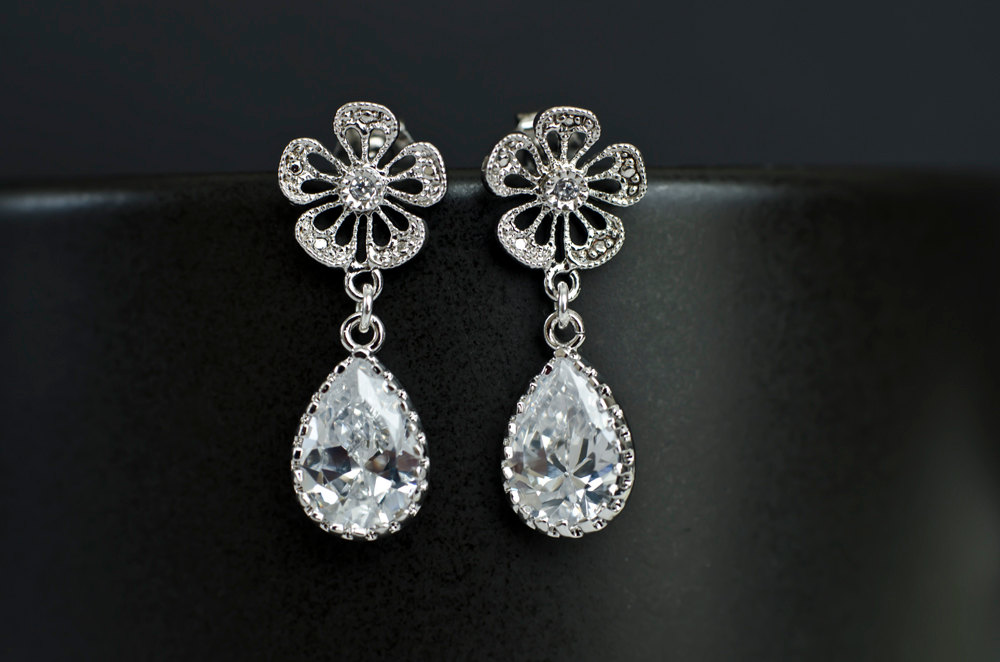 Bridal Earrings Bridesmaid Earrings Rodium Plated Cubic Zirconia Ear Posts With Cubic Zirconia Crystal Teardrops