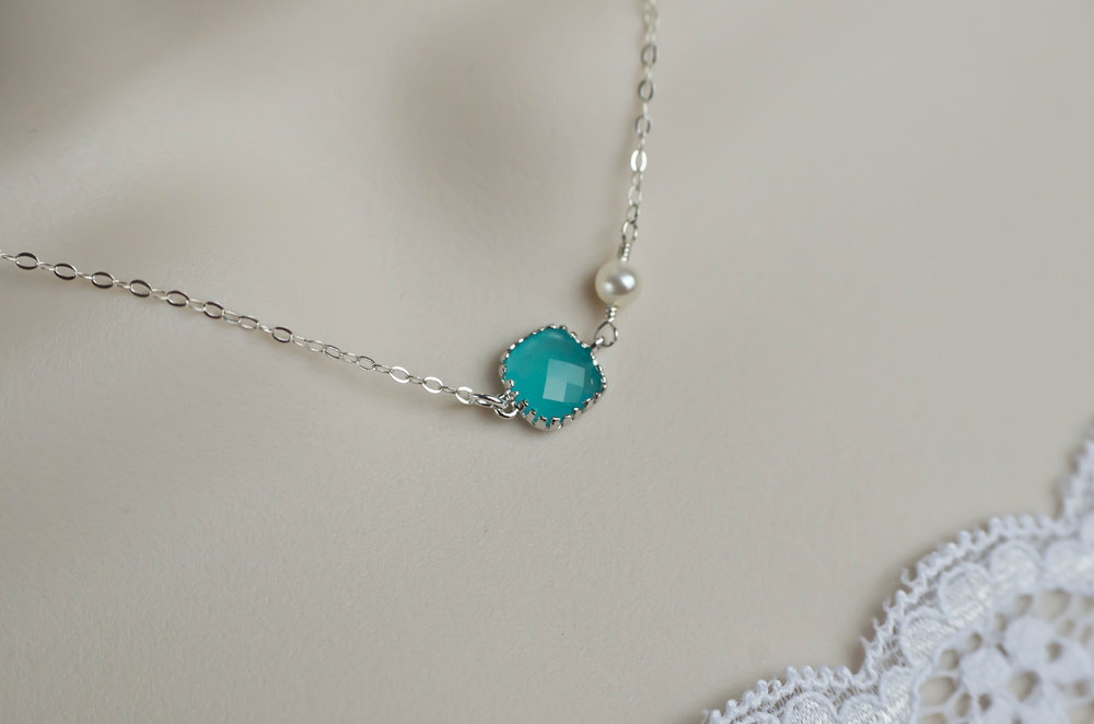 Mint Opal Square Glass Connector And Freshwater Pearl Sterling Silver Necklace, Bridesmaids Necklace. Wedding Jewelry. Bridesmaids Gift.