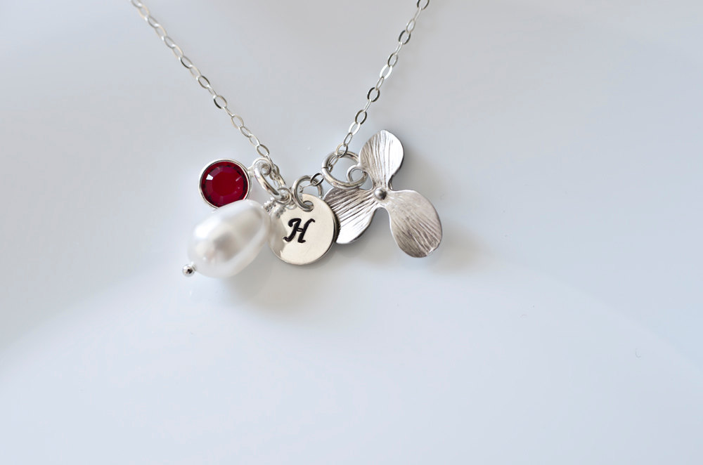 Birthstone Initial Necklace - Bridesmaid Necklace - White Pearl, Swarovski Birthstone, Silver Plated Orchid And Round Initial Disc