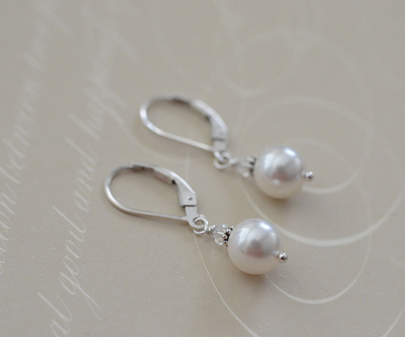 Bridal Earrings, Sterling Silver Earrings With White Swarovski Pearls
