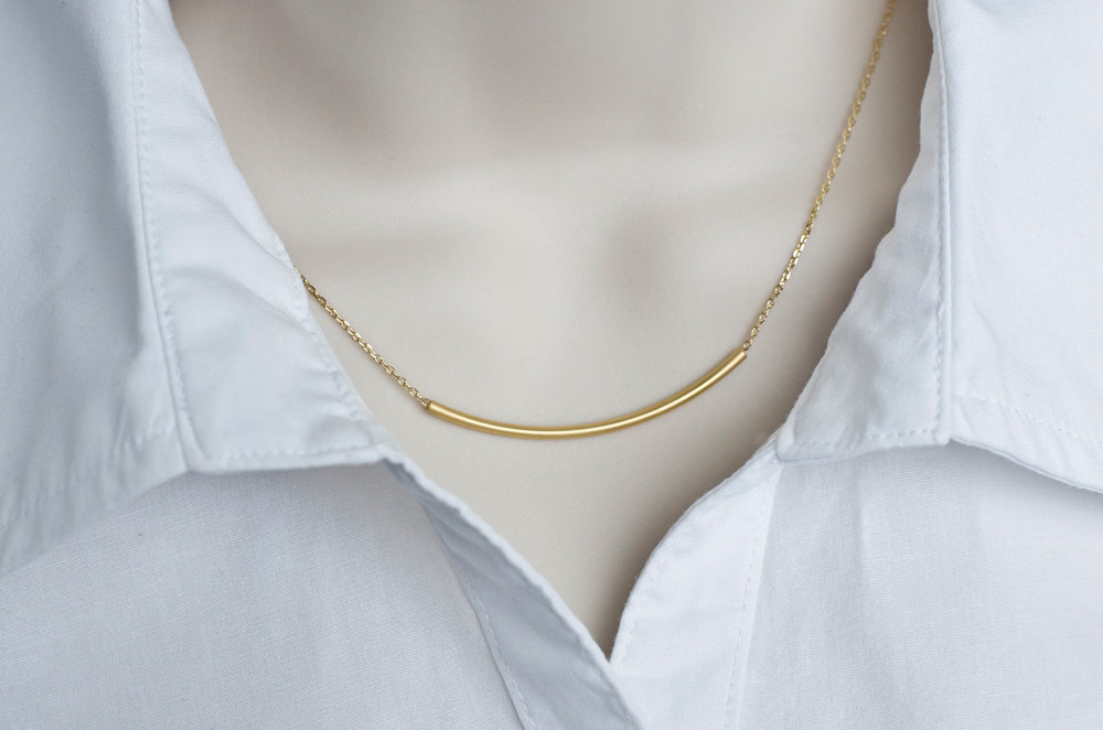 Gold Tube Necklace - Gold Plated Matte Tube Necklace, Everyday Wear, Casual, Simply And Modernist Necklace
