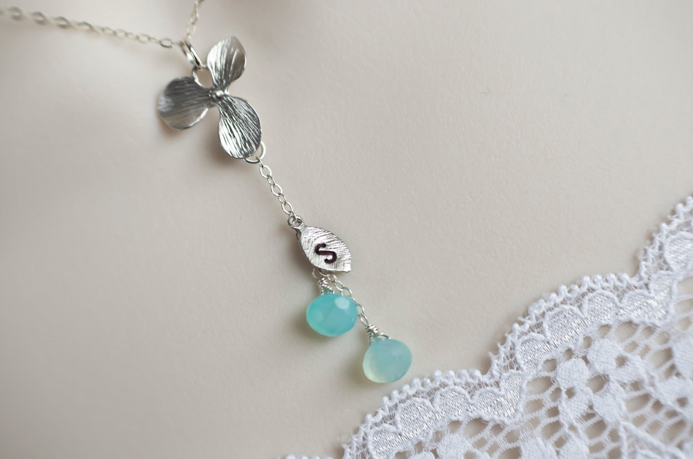 Personalized Necklace, Initial Necklace, Aqua Blue Chalcedony Necklace And Rhodium Plated Orchid Flower, Lariat Sterling Silver Necklace