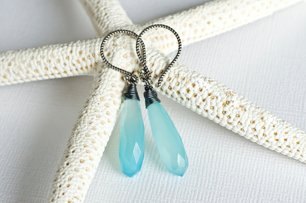 Aqua Blue Chalcedony Earrings, Gemstone Wire Wrapped In Oxidized Sterling Silver Long Drop Earrings