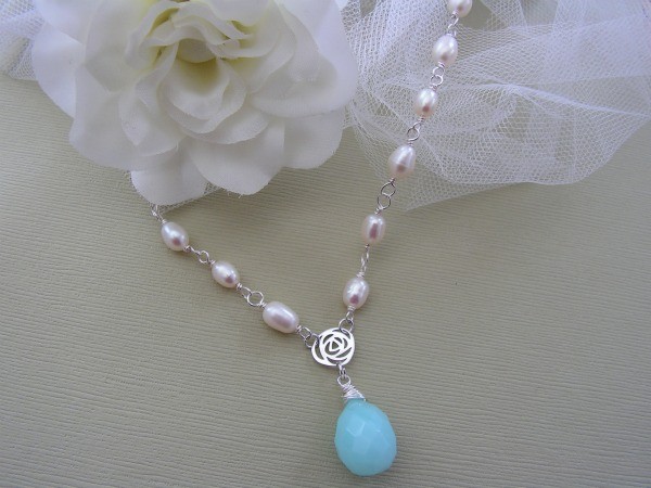Bridal Necklace. Freshwater Pearls And Sea Blue Quartz Bridal Necklace