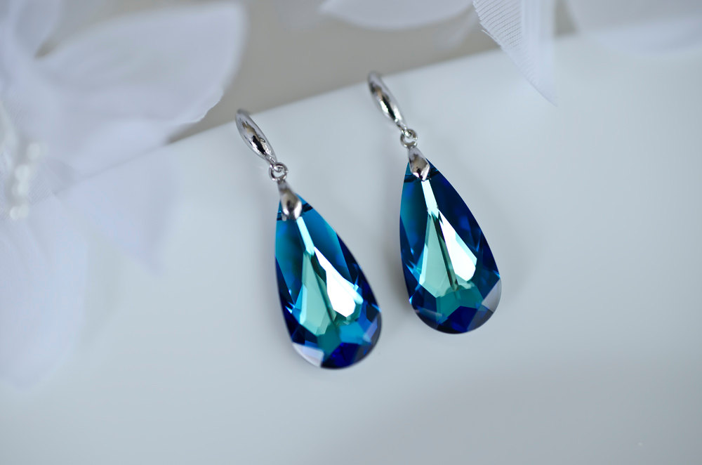 Bermuda Blue Earrings, Swarovski Crystal Earrings, Bridal Earrings On Sterling Silver Hook Earwires