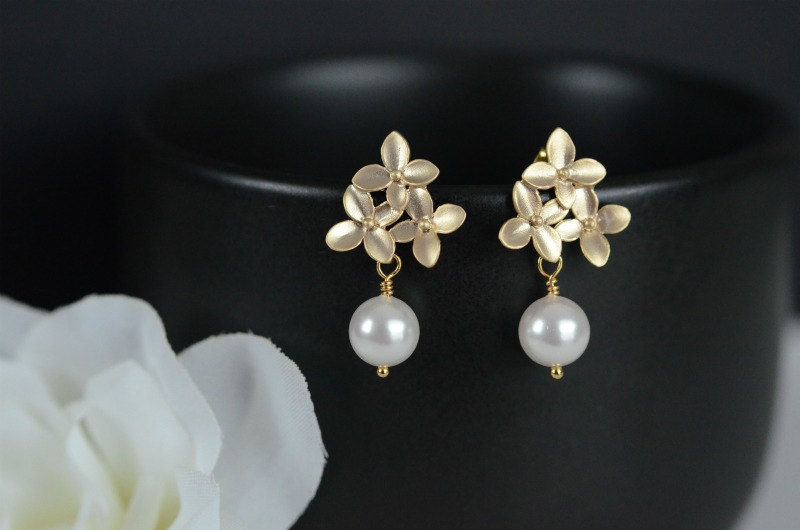 Bridal Earrings, Gold Cherry Blossom Earrings With White Swarovski 8 Mm Pearl .925 Sterling Silver Earring Post. Wedding Jewellery