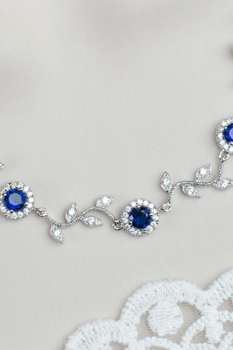 Blue Sapphire Bridal Necklace, Sapphire Bridal Necklace, Something Blue Wedding, Blue Sapphire CZ Round Connectors and Branch Tree Necklace