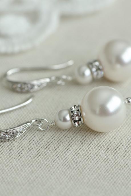 Bridal Earrings, Classic Bridal Pearl Earrings, White Ivory Cream Swarovski Pearls and Silver Plated Rhinestones Bridal Bridesmaids Earrings