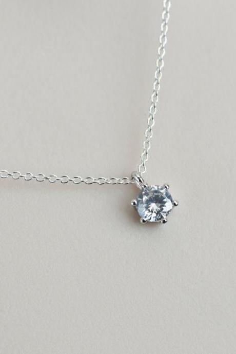 Cubic Zirconia Solitaire Necklace, Rhodium Plated CZ Solitaire Necklace, Modern Minimalist Jewelry, Small CZ Dainty Necklace