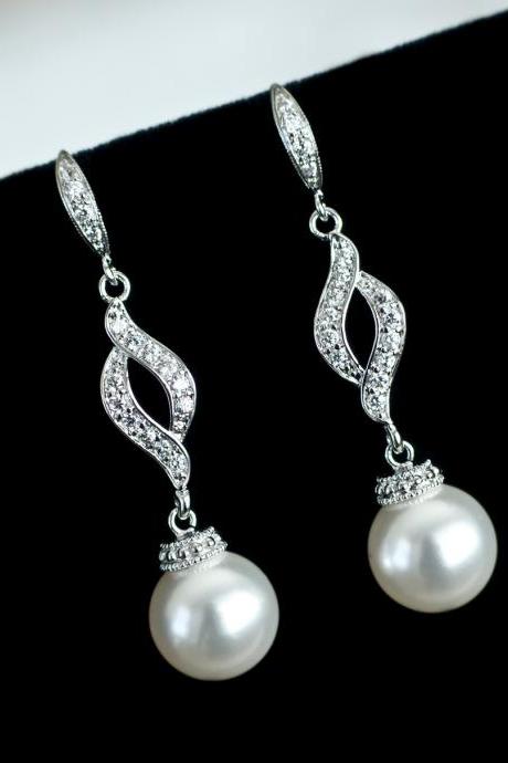 Bridal Earrings, Bridal Pearl Earrings, Wedding Jewelry, White or Ivory/Cream Swarovski Pearls and Cubic Zirconia Connectors Earrings,