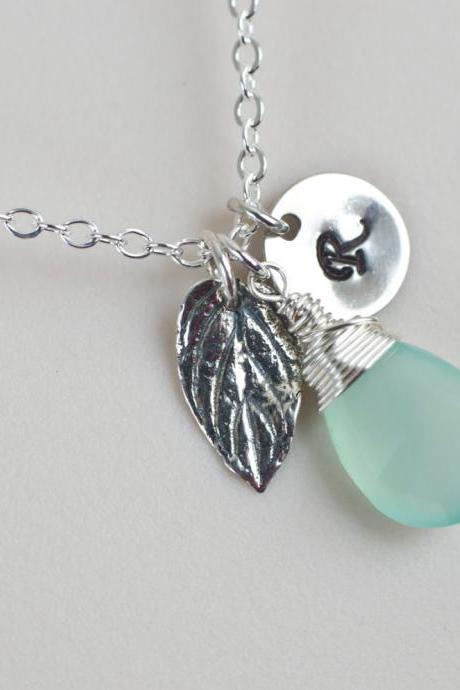 Initial Necklace,Mint Green Chalcedony Initial Necklace, Sterling Silver Mint Leaf, Mint Green Chalcedony Necklace, Personalized Necklace
