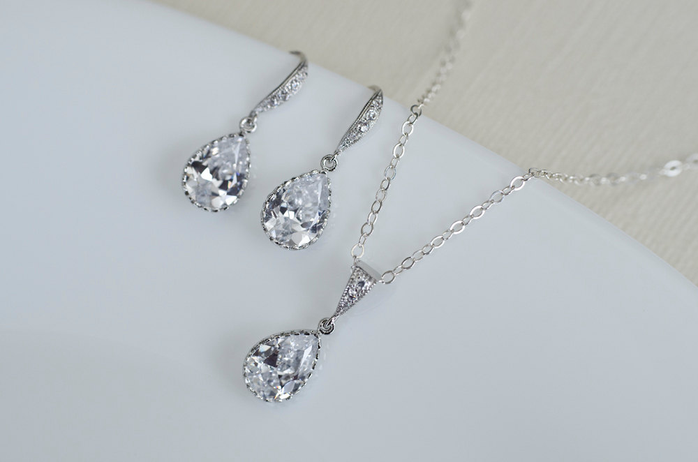 Bridal Earrings Bridal Necklace Clear White Cubic Zirconia Teardrops