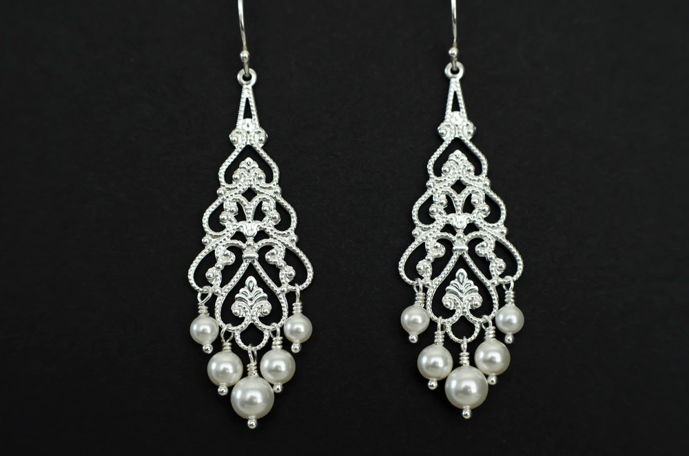 Bridal Chandelier Earrings Pearl Chandelier Earrings, Silver Filigree
